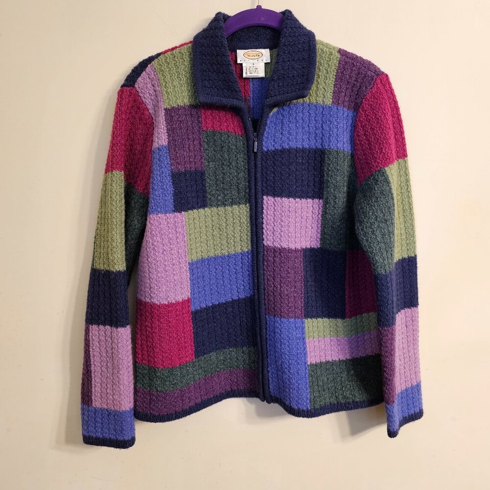 Vintage Women's Talbots Petites Wool Color Block‎ Patchwork Zip Up Jacket Size S
